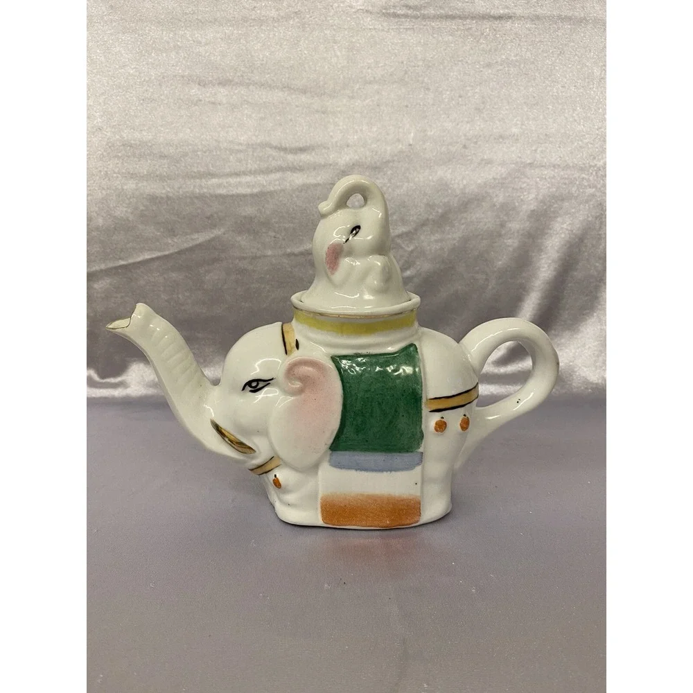 Elephant with Calf Hand Painted Figural Teapot - feng shui Good Luck Trunks Up